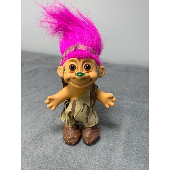 Vintage Russ Troll Doll 1980s Camouflage Outfit Pink Hair Collectible Toy - Picture 1 of 8